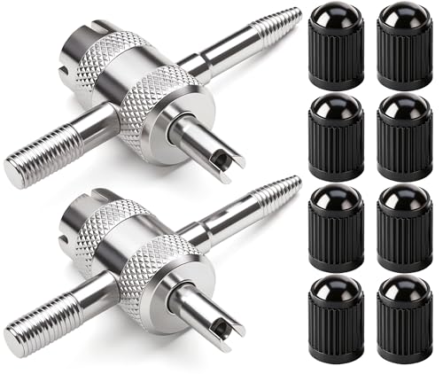 4-in-1 Valve Core Tool Kit (2 Pcs) with 8 Pcs Tire Valve Stem Caps - Tire Valve Stem Removal Tool for Bicycle, Motorcycle, Car, Truck - Schrader Valve Core Puller & Installer