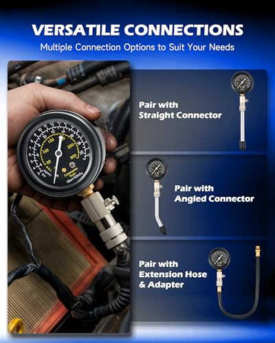OMT 8pc Petrol Engine Cylinder Pressure Test Kit with 300 PSI Dual Gauge | Strong Metal Adapters; Anti Scratch Glass Cover; Flexible Hose; Auto Mechanic Diagnostics; Fits Cars Trucks And Motorcycles