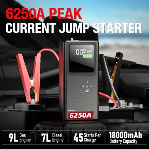 6250A Jump Starter with Air Compressor, Car Battery Jump Starter with Boost for Up to 9L Gas / 7L Diesel, 150PSI Tire Inflator with Auto Shutoff, Smart LED Screen, Portable Jump Box, 48-Month Standby