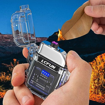 LcFun USB Rechargeable Electric Lighter, Windproof Plasma Dual Arc Lighters, Waterproof Flameless Lighter with Battery Display & Flashlight for Hiking, Camping Gear, Survival Kits - color: Black With Cob