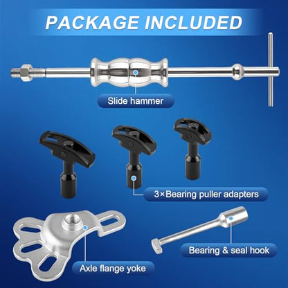 Rear Axle Bearing Puller Tool Kit & Slide Hammer Set, Heavy-Duty Axle Seal & Bearing Remover with Slide Hammer Yoke, 3 Adapters (1-1/4" to 2-7/8" IDs), Premium Automotive Repair Tool