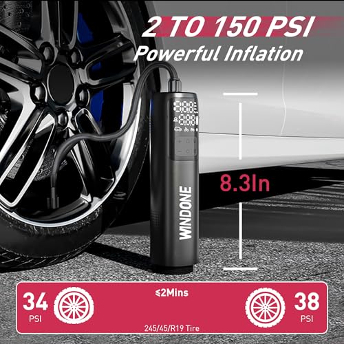 Windone Car Vacuum, 12000Pa 2-in-1 Cleaner & Tire Inflator 150PSI | 60W Brushless Motor, Cordless Handheld Vacuum & Air Pump with Pressure Gauge, LED Light, Multi-Nozzles for Car, Home, Office