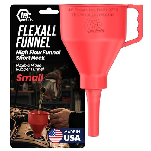TEC Products FlexAll Short Neck Funnel - Flexible Funnel w/Hose, Durable Nitrile Rubber Automotive Funnels - Oil Change Tool for Transmission Fluid, Diesel, Gas - USA Made - Small (8.3 x 4.3 Inches)