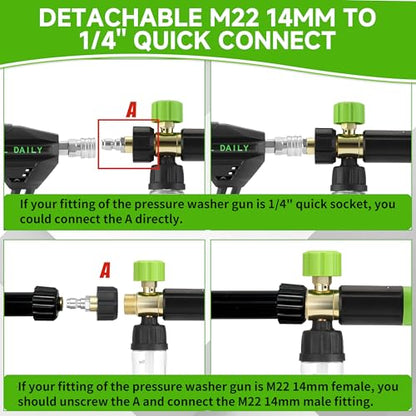 Tool Daily Short Pressure Washer Gun with Mini Foam Cannon Dual Connector | 5 Power Washer Nozzle Tips for Car Wash, 1/4 Inch Quick Connect, 3600 PSI - size: 100 ml