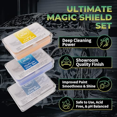 Magic Shield Clay Bar Triple Pack - 100g Each of Light, Medium & Heavy-Duty Clay Bars for Car Detailing - Deep Cleaning & Shine Restoration with Magic Clay Bars for Professional Auto Detailing - size: Triple clay bars w/o spray