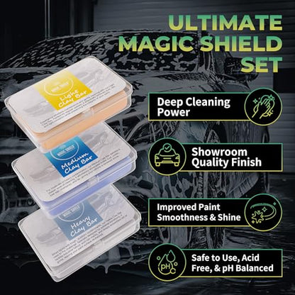 Magic Shield Clay Bar Triple Pack - 100g Each of Light, Medium & Heavy-Duty Clay Bars for Car Detailing - Deep Cleaning & Shine Restoration with Magic Clay Bars for Professional Auto Detailing - size: Triple clay bars w/o spray