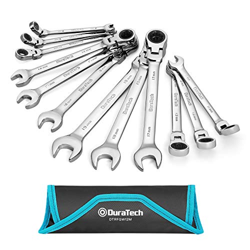 DURATECH Flex-Head Ratcheting Wrench Set, Combination Wrench Set, 72 Tooth, Metric, 12-piece, Size Covers 8-19mm, CR-V Steel, with Rolling Pouch | 72 Tooth, CR-V Steel, Combination Wrench Set, Rolling Pouch - style: 12-Piece Set