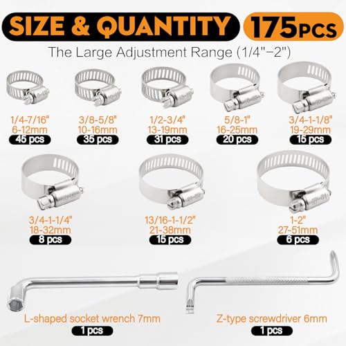 175PCS Stainless Steel Hose Clamps Assortment Kit, 304 Worm Gear Heavy Duty 1/4"-2"(6-51mm) Adjustable Clamps Set with 2 Tools, for Automotive Fuel Line Plumbing Pipe Radiator - size: 175 PCS