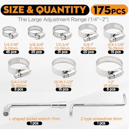 175PCS Stainless Steel Hose Clamps Assortment Kit, 304 Worm Gear Heavy Duty 1/4"-2"(6-51mm) Adjustable Clamps Set with 2 Tools, for Automotive Fuel Line Plumbing Pipe Radiator - size: 175 PCS