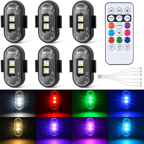 6PCS Wireless LED Strobe Lights with Remote Control, 8 Colors Rechargeable Led Lights Anti-Collision LED Emergency Warning Lights for Car Motorcycle Bike Drone Aircraft - size: 6pcs