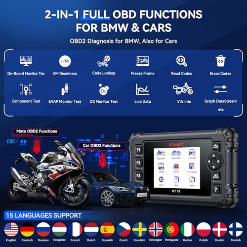 iCarsoft Bidirectional Diagnostic Tool for BMW Motorcycle, Full Systems Diagnostic for BMW Motobike, 197 Active Tests Motorcycle OBD2 Scanner with 115 Reset, Battery Test, Graphic Live Data