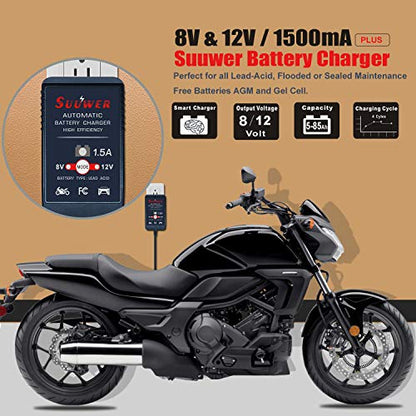 Suuwer 1.5A 8V/12V Fully-Automatic Smart Battery Charger - Trickle Charger & Maintainer for Golf Cart, Motorcycle, Car, Lawn Mower
