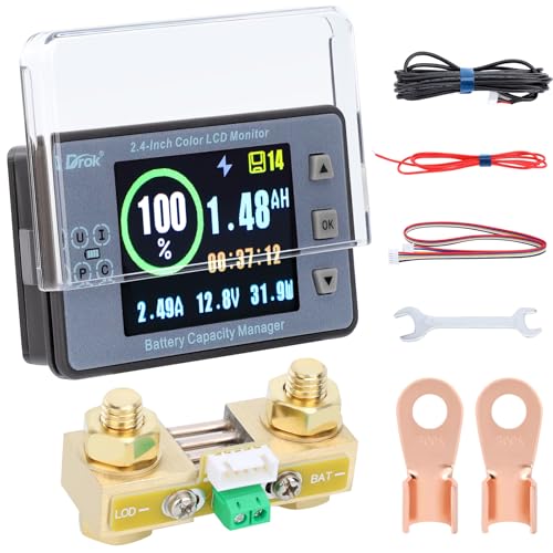 DROK Battery Monitor, DC 8-100V 300A Charge Discharge Split Type Coulometer 12V 24V 36V 48V 60V Coulometer Watt Meter, Capacity Percentage Time Power Voltmeter Ampmeter for RV Solar Panel Golf Cart - size: 300A/Base Unspecified