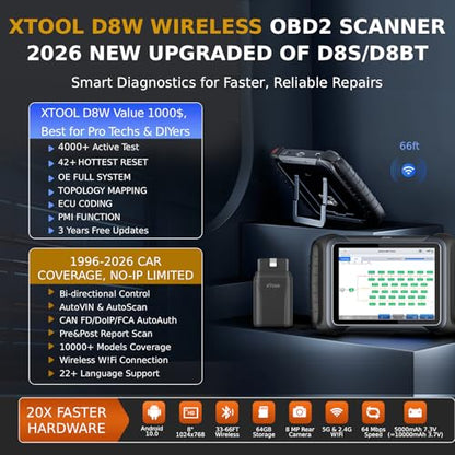 XTOOL D8W Bidirectional Scan Tool with AI-Assisted, 3 Years Free Update, OE-Level Full System Diagnosis, ECU Coding, Topology Scanner, 42+ Reset Services Wireless OBD2 Scanner, CAN FD & DoIP