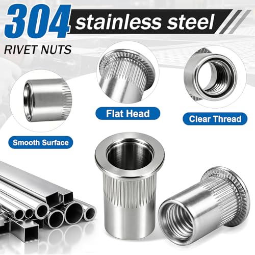 390Pcs Rivet Nut Kit, Metric & SAE Rivnut Assortment Set M3 M4 M5 M6 M8 M10 M12#8-32#10-24 1/4"-20 5/16"-18 3/8"-16 304 Stainless Steel Nutsert Flat Head Threaded Inserts for Metal, Automotive - size: SS Metric & SAE 390pcs