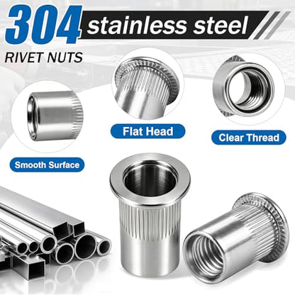 390Pcs Rivet Nut Kit, Metric & SAE Rivnut Assortment Set M3 M4 M5 M6 M8 M10 M12#8-32#10-24 1/4"-20 5/16"-18 3/8"-16 304 Stainless Steel Nutsert Flat Head Threaded Inserts for Metal, Automotive - size: SS Metric & SAE 390pcs