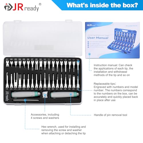JRready 36PCS Pin Removal Tool 2 Nylon Handles for Electrical Connectors | Pin Extractor for Deutsch AMP Molex Delphi Harting BYD JPT, Handle Storage Function, Tip Protective Cover-JRconDRK11C38-01