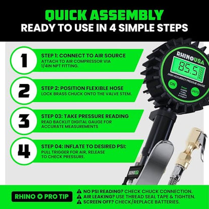 Rhino USA Digital Tire Pressure Gauge with Inflator (0-200 PSI) - 2in Dial | Heavy Duty Air Chuck & Compressor Accessories. Stainless Braided Hose, Large 2in Dial, Solid Brass Hardware. - style: 200psi Digital