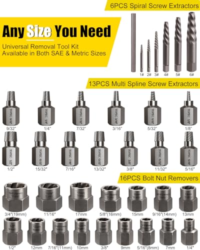 Topec 36Pcs Screw & Bolt Extractor Kit, 3-in-1 Easy Out Screw Extractor Set, 3/8" Drive Broken Bolt Extractor Socket Set, for Damaged, Rounded, Stripped Screw Removal - size: 36 PCS