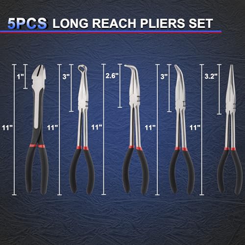 Mayouko 5PCS Extra Long Needle Nose Pliers Set, 11" Long Reach Straight, 45&90 Degree Bent Nose, Circle Nose and Diagonal Pliers for Narrow Spaces and Limited Areas