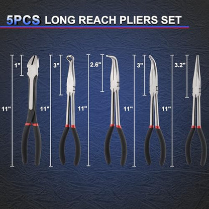 Mayouko 5PCS Extra Long Needle Nose Pliers Set, 11" Long Reach Straight, 45&90 Degree Bent Nose, Circle Nose and Diagonal Pliers for Narrow Spaces and Limited Areas