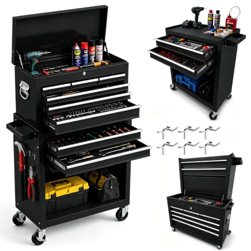 Rolling Tool Chest - 8 Drawers Tool Box Organizer with Lockable Wheels, Sliding Drawers, Detachable Top Tool Box - Tool Storage Cabinet for Garage Workshop (Black) - color: Black, size: 8 Drawers