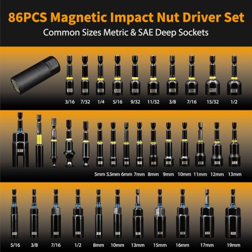 86-Piece Magnetic Impact Nut Driver Set | Deep Impact Sockets & S2 Bits, Chrome Vanadium Steel, Full Metric & SAE Range for Impact Drivers & Drills