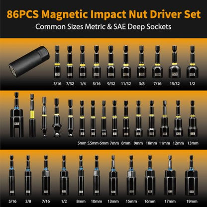 86-Piece Magnetic Impact Nut Driver Set | Deep Impact Sockets & S2 Bits, Chrome Vanadium Steel, Full Metric & SAE Range for Impact Drivers & Drills