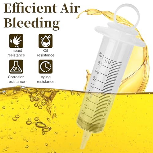 Motorcycle Brake Bleeder Kit, 100ml Pump Hydraulic Disc Bleeding Tool | 50cm hose & fittings. Compatible with motorcycles, cars & scooters. Reverse brake fluid flush. Easy one-person use.