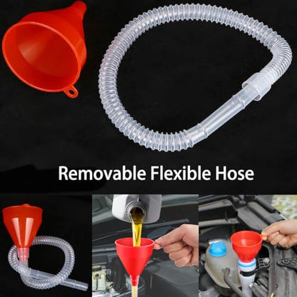 Arcimatto 3 Pack Automotive Oil Funnels Set, Right Angle Funnels, Car Plastic Long Neck Gas Fluid Funnel Kit with 23" Flexible Removable Hose for Water, Fuel, Oil Change