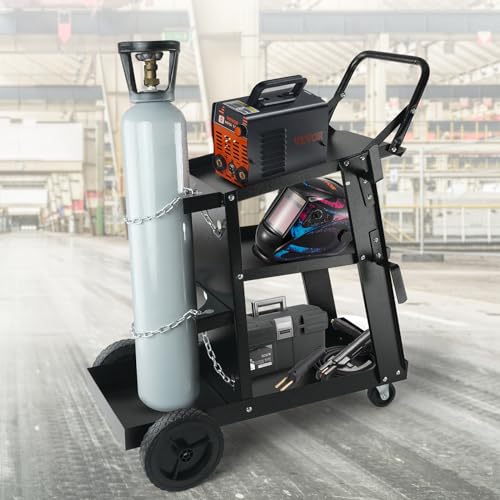 VEVOR Welding Cart, 3-Tier Welder Cart Heavy Duty with 400 Lbs Weight Capacity, 360° Swivel Wheels, Tank Storage Safety Chains, Rolling MIG Welder Cart for TIG, ARC, MMA, Plasma Cutter Welding Machine