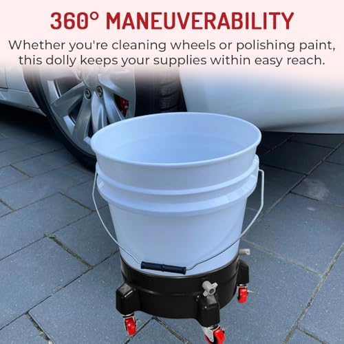 Heavy Duty Car Wash Bucket Dolly with 360° Swivel Casters | Fits 3.5–7 Gallon Buckets | 300 lb Capacity | Soap Holder | Rolling Pail Stand for Auto Detailing |Red - color: Red
