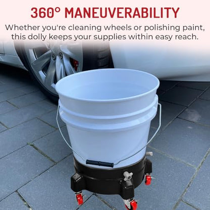 Heavy Duty Car Wash Bucket Dolly with 360° Swivel Casters | Fits 3.5–7 Gallon Buckets | 300 lb Capacity | Soap Holder | Rolling Pail Stand for Auto Detailing |Red - color: Red