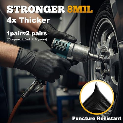 TitanFlex Heavy Duty Black Industrial Nitrile Gloves, 8-mil, Large, Box of 100, Latex Free, Raised Diamond Texture, Powder Free, Food Safe, Rubber Gloves, Mechanic Gloves(L)