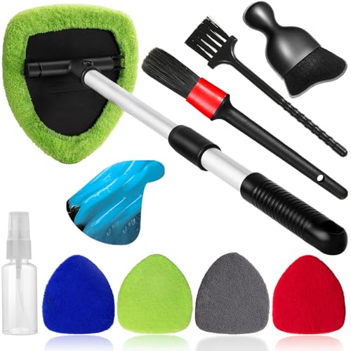 Qydipclin 10pcs Windshield Cleaner Tool, Car Window Cleaning Wash Kit with 4 Reusable Microfiber Pads 1 Spray Bottle and Extendable Handle Auto Glass Wiper Kit, Multicolor - color: Blue & Green & Gray & Red