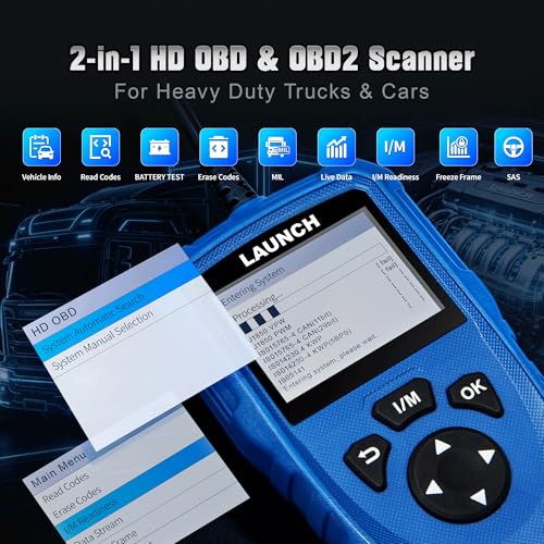 LAUNCH Creader HD V2 Diesel Scanner, Heavy Duty Commercial Code Reader | Supports J1939/J1708 Protocol, Read & Clear Fault Codes, Built-in Battery Check Function