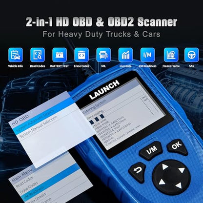 LAUNCH Creader HD V2 Diesel Scanner, Heavy Duty Commercial Code Reader | Supports J1939/J1708 Protocol, Read & Clear Fault Codes, Built-in Battery Check Function