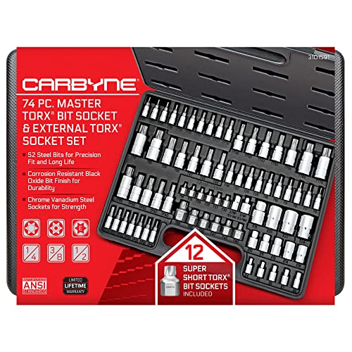 CARBYNE 74-Piece Master Torx Bit Socket Set and E-Torx Socket Set, Stubby Low Profile Super Short T10-T60, Standard T6-T70, Tamper TT6-TT70, Plus TP8-TP60, S2 Steel, Genuine Licensed Torx