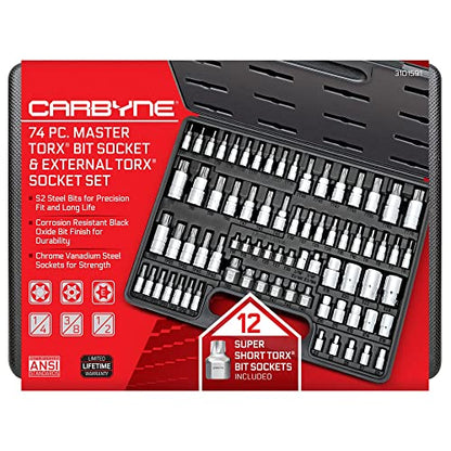 CARBYNE 74-Piece Master Torx Bit Socket Set and E-Torx Socket Set, Stubby Low Profile Super Short T10-T60, Standard T6-T70, Tamper TT6-TT70, Plus TP8-TP60, S2 Steel, Genuine Licensed Torx
