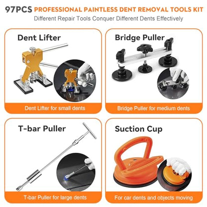 97PCS Dent Puller Kit, Paintless Dent Removal Kit for Dent Repair, Car Dent Repair Kit with Golden Lifter, Slide Hammer T-Bar, Bridge Puller, Car Dent Puller for Car Refrigerator Door Ding Repair