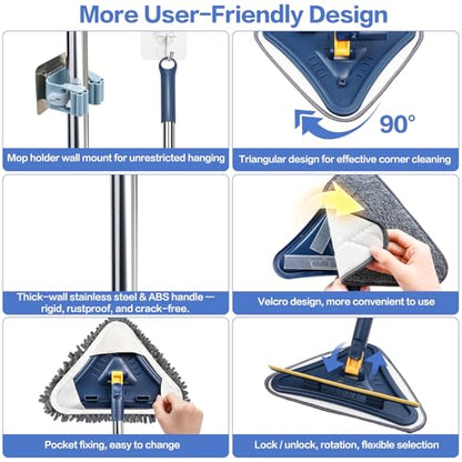 Wall Cleaner Mop, 80" Long Handle, 360° Ceiling Cleaning Tool | 5-in-1 Triangle Wall Mop for Painted Walls, Drywall, Baseboard, with Chenille Microfiber (6 Replacement Pad) Brush Scraper