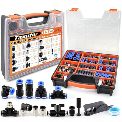 167 Pcs Push to Connect Air Hose Fitting Kit, 1/8“ 1/4" 5/16" 3/8" 1/2" NPT Pneumatic Fittings, Straight Elbow Tee Union Reducer with Storage Case & Tool - size: 167PCS Blue