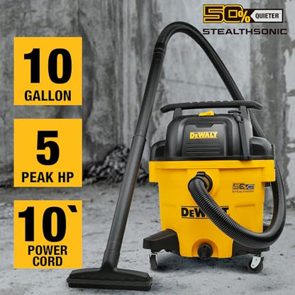 DEWALT 10 Gallon 5.0 Peak HP STEALTHSONIC Shop Vacuum Wet and Dry, Ultra Quiet Wet Dry Vac, Ideal for Jobsite, Garage, Car & Workshop, DXV10P-QT with Attachments & Powerful Suction, Portable Cleaning - size: 10 Gallon