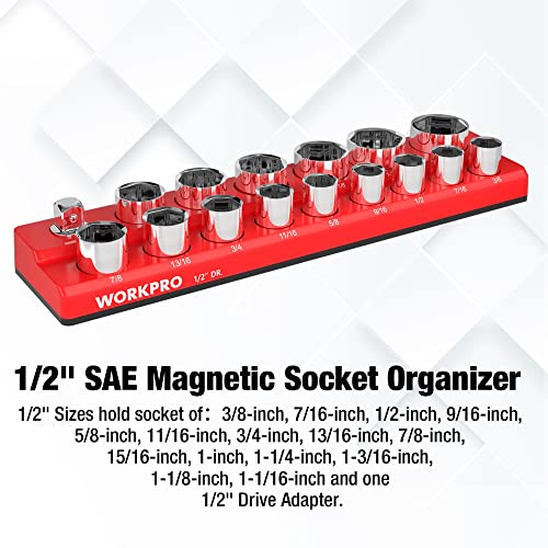 WORKPRO Magnetic Socket Organizer, 1/2-Inch SAE Socket Holder | Hold 16-Piece Sockets, Suitable for Standard and Deep Socket, Magnetic Base, No Scratches Installation, Sockets not Included - size: 1/2" DR - SAE