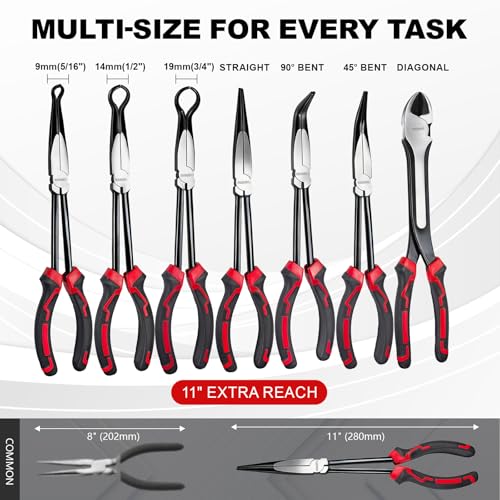 7-Piece 11" Long Reach Needle Nose Pliers Set | 7-Piece 11" long reach needle nose pliers set with 58HRC carbon steel, hose grippers, and case for tight engine spaces.