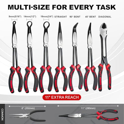 7-Piece 11" Long Reach Needle Nose Pliers Set | 7-Piece 11" long reach needle nose pliers set with 58HRC carbon steel, hose grippers, and case for tight engine spaces.