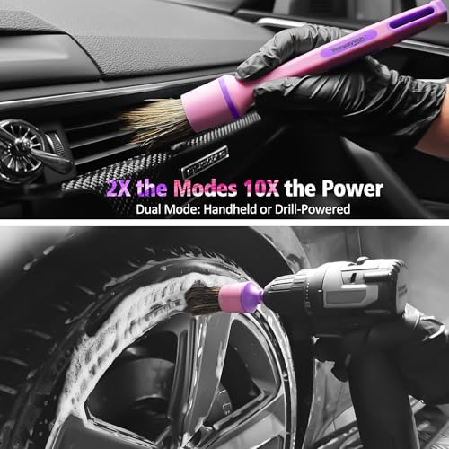 YeewayVeh 3PCS Car Detailing Drill Brush Set, Mixed Detail Brushes, Pink | No Scratch Boars Hair & Ultra Soft Detailing Brushes for Air Vent, Leather Seat, Interior Exterior, Drill Attachment Included - color: Pink