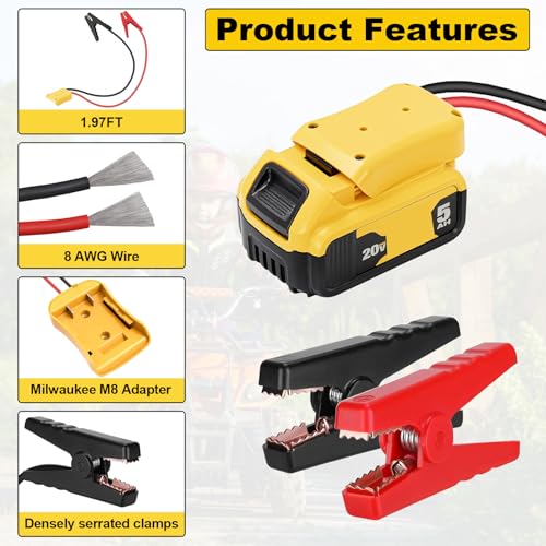 Jumper Cable Clamps for DeWalt 20V Battery Jump Starter, 2.0FT 8AWG Heavy Duty Car Battery Jumper Cable with Adapter for DeWalt, Portable Automotive Battery Booster Cable with Storage Case - size: 2.0 Ft
