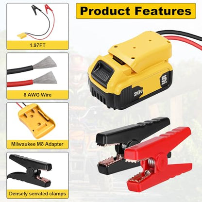 Jumper Cable Clamps for DeWalt 20V Battery Jump Starter, 2.0FT 8AWG Heavy Duty Car Battery Jumper Cable with Adapter for DeWalt, Portable Automotive Battery Booster Cable with Storage Case - size: 2.0 Ft