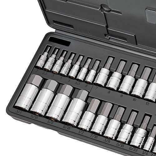 CARBYNE 33-Piece Master Bit Socket Set, SAE & Metric Hex (Allen) Bit Sockets, S2 Steel, 1/4", 3/8" & 1/2" Drive for Automotive, Motorcycle & Furniture Repair - size: 33 Piece